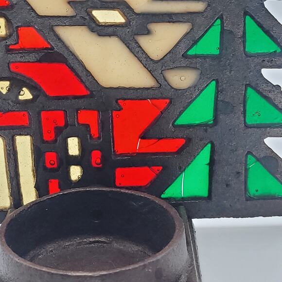 VTG Cast Iron Stained Glass Tea Light Holder Church Trees Taiwan Holiday Cozy - Picture 3 of 10